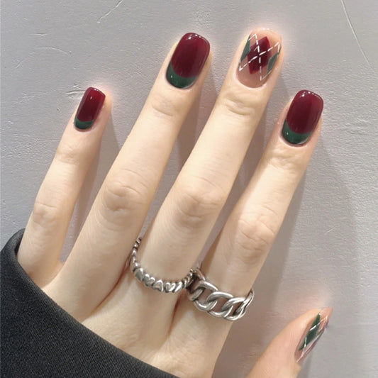 Elegant Affair Short Square Burgundy & Green Press On Nails with Geometric Accent Design