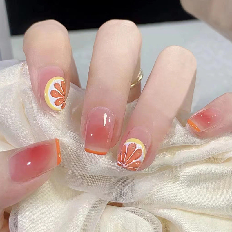 Summer Citrus Short Square Peach Ombre Press On Nail Set with Hand-Painted Floral Accents