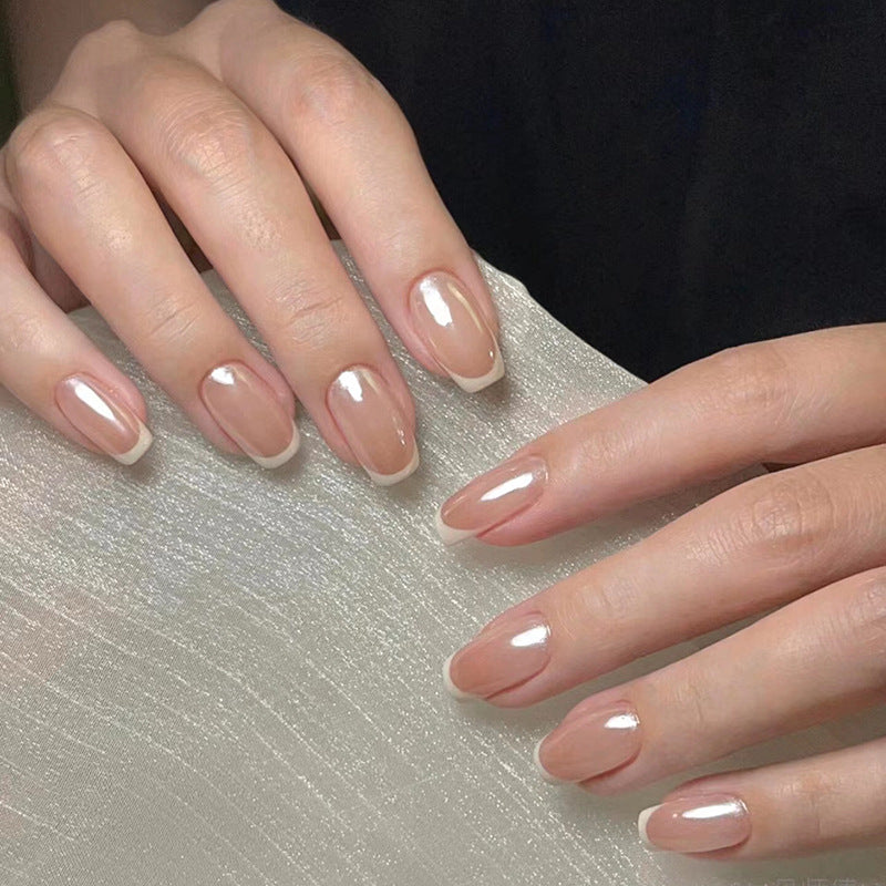 Elegant Glow Short Square Shaped Beige Nails with Glossy French Tips