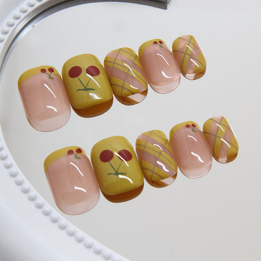 Sunny Floral Delight Medium Square Yellow Pink Press On Nail Set with Playful Cherry Design