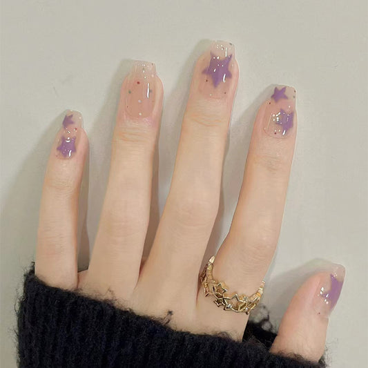 Celestial Dreams Long Coffin Purple Glitter Star Press On Nail Set