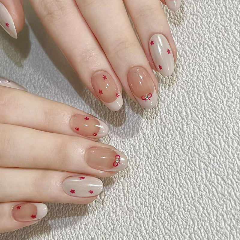 Charming Butterfly Garden Oval Press On Nails Medium Beige with Sweet Red Floral Accents