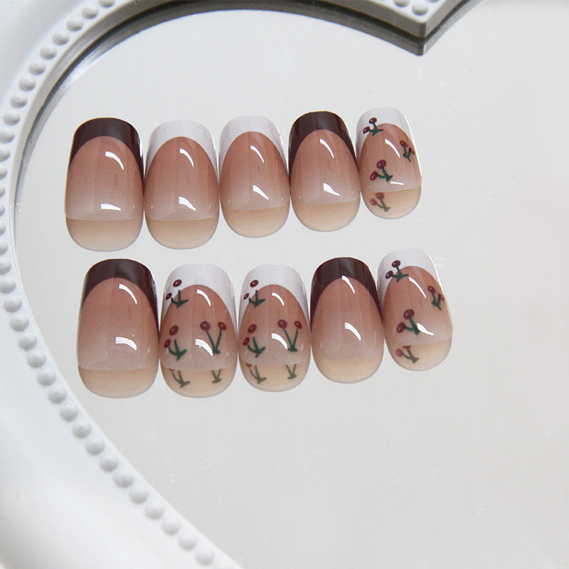 Botanical Bliss Medium Coffin Shaped Ombre Beige Press On Nail Set with Unique Floral Accents