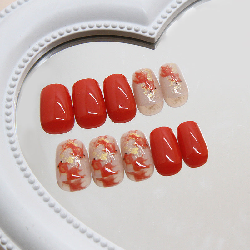 Glamorous Cherry Blossom Inspired Press On Nail Set Short Square Red with Gold Accents and Elegant Floral Design