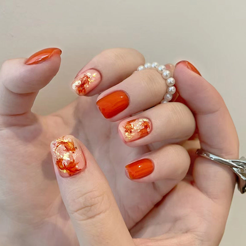 Autumn Radiance Short Square Press On Nail Set in Vibrant Orange with Stunning Gold Foil Accents