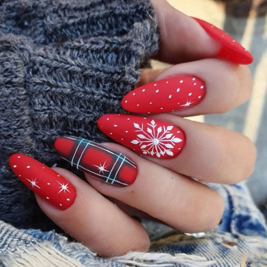 Winter Wonderland Long Almond Red Press On Nails with Snowflake Accents and Plaid Detailing