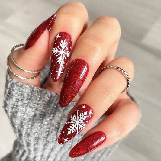 Winter Wonderland Long Stiletto Burgundy Press On Nails with Snowflake Accents