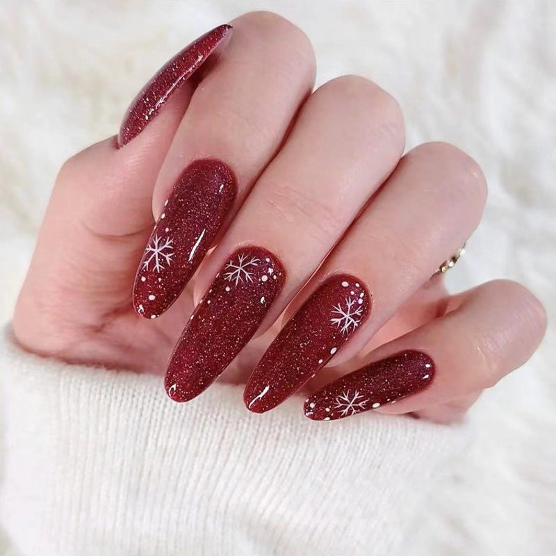 Winter Wonderland Long Oval Burgundy Glitter Snowflake Press-On Nail Set