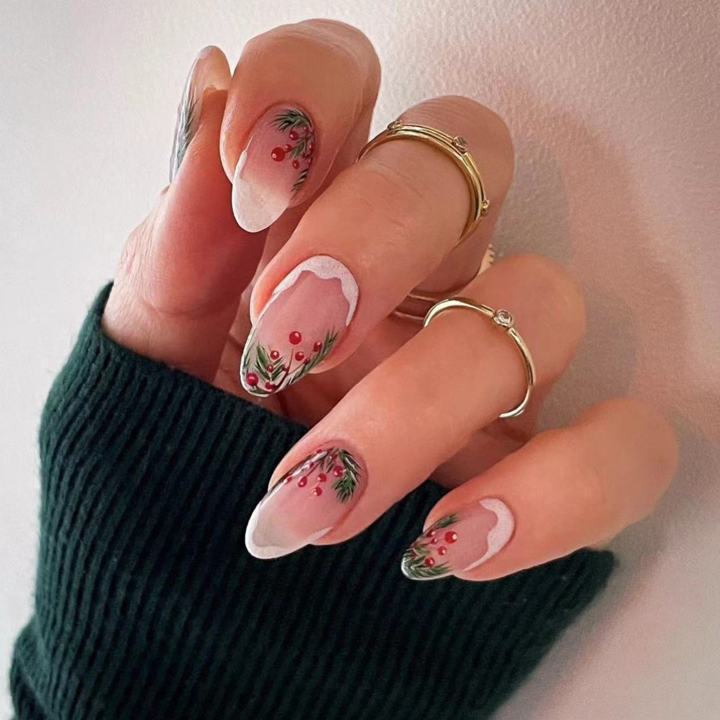 Festive Winter Wonder Press On Nail Set Long Length Almond Shape Clear with Red Berry and Green Floral Design