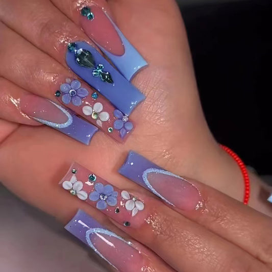 Whimsical Floral Dreams Long Square Lavender Ombre Press On Nail Set with Crystal Accents and Floral Designs