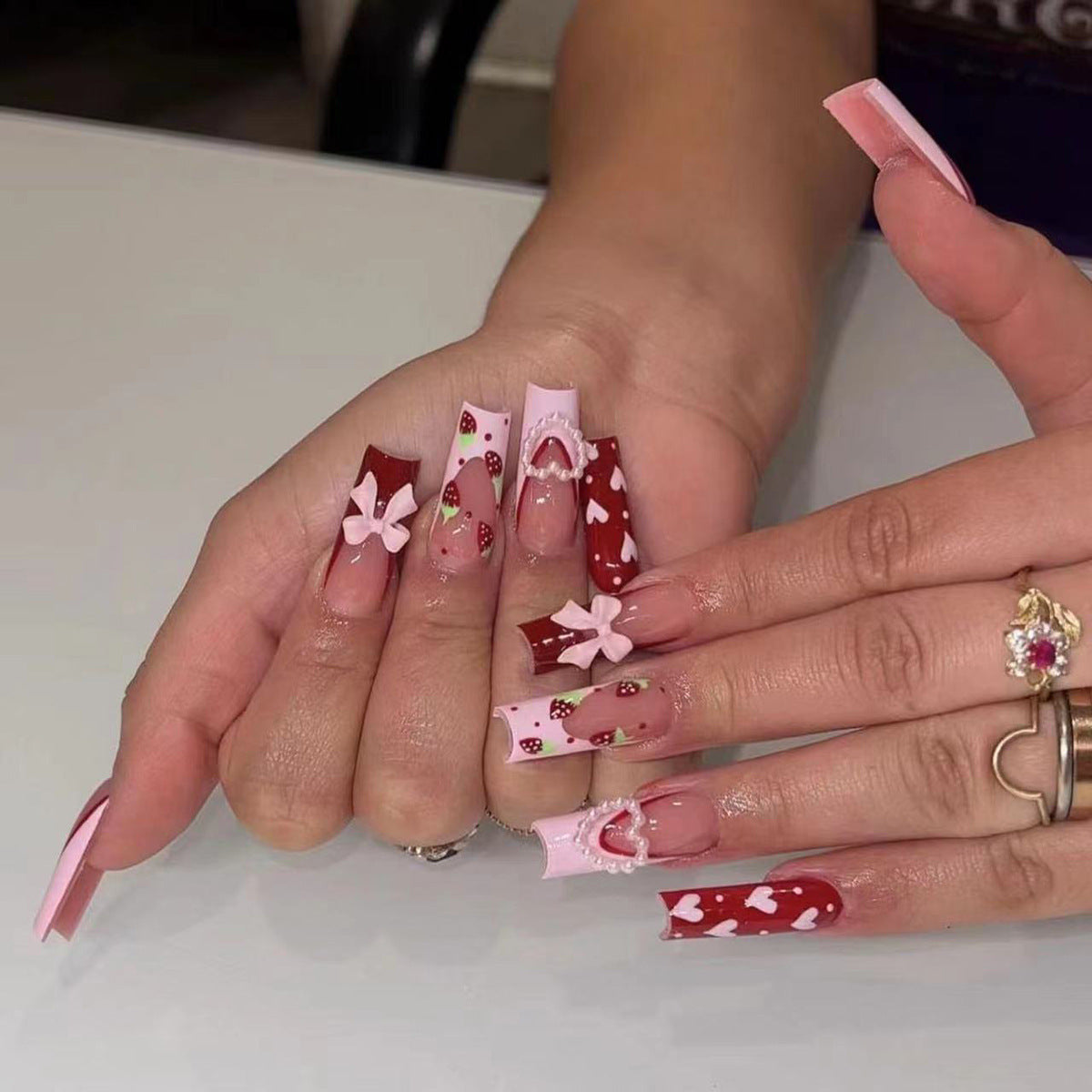 Strawberry Dream Long Square Press On Nail Set in Red and Pink with Heart and Bow Designs