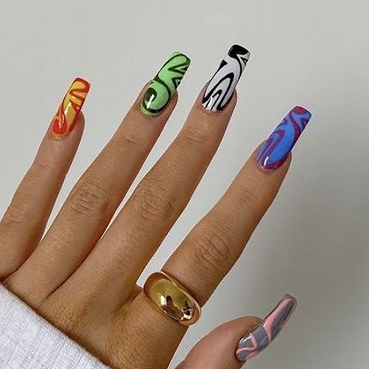 Tropical Escape Long Square Multicolor Abstract Swirl Press On Nails Set