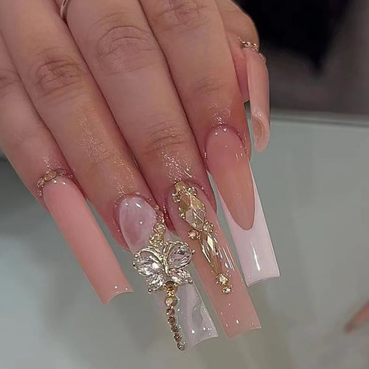 Elegant Bridal Long Square Beige Press On Nails with Glitter and Floral Charm Accents