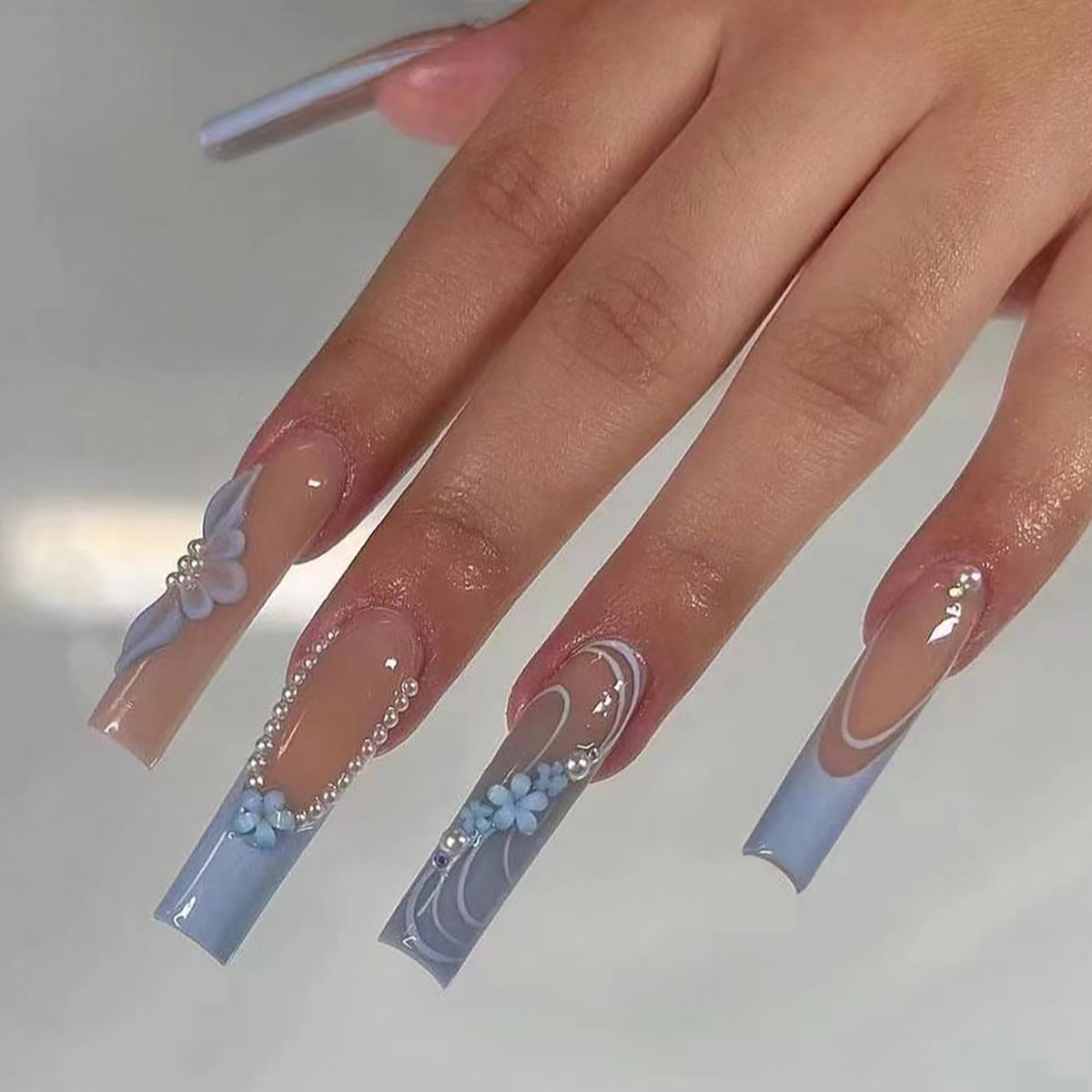 Ethereal Elegance Extra Long Coffin Gradient Blue Flower Accent Press On Nails