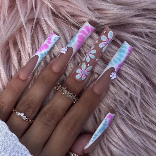 Spring Blossom Extra Long Duck Pastel Tie-Dye Press-On Nail Set with Floral Accents