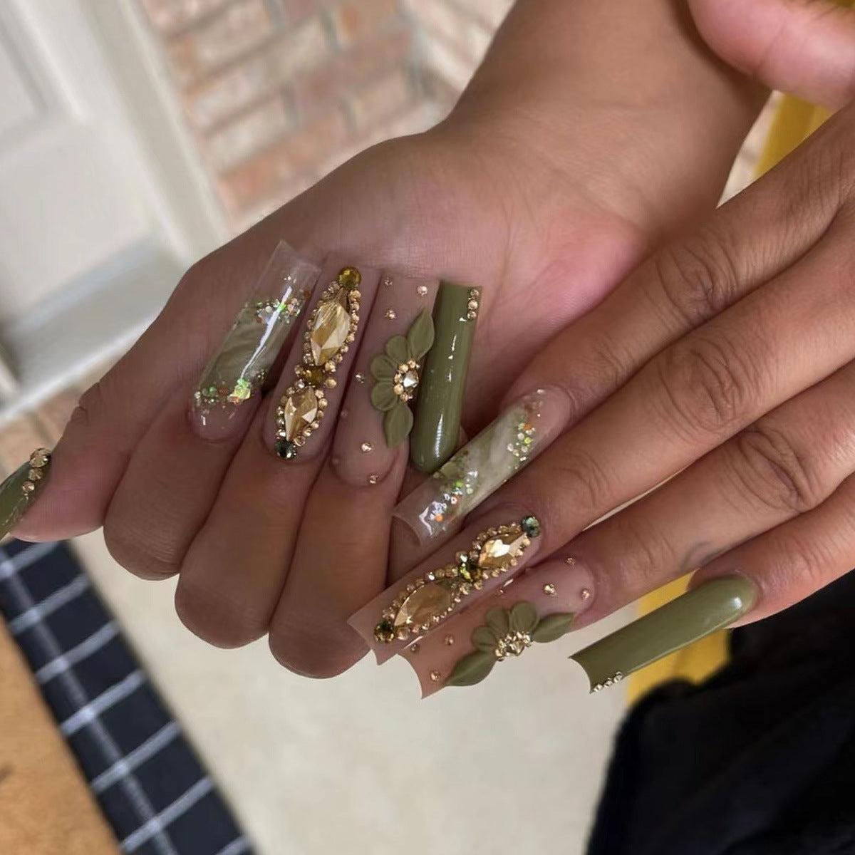 Enchanted Garden Long Square Olive Green Press On Nails with Floral Embellishments and Rhinestone Accents