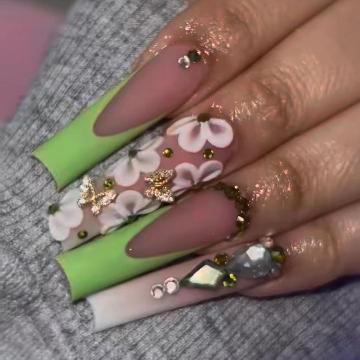 Spring Blossom Fantasy Long Coffin Green Press On Nail Set with Floral Accents and Rhinestone Embellishments