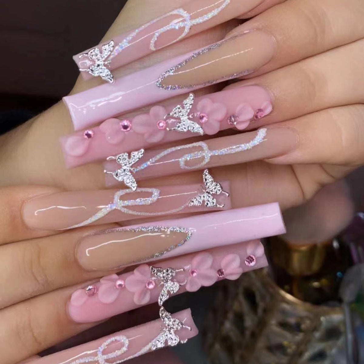 Enchanted Garden Long Duck Pink Press On Nail Set with 3D Flowers and Glitter Accents