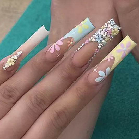 Spring Blossom Extra Long Coffin Multicolor Press On Nail Set with Floral Designs and Pearl Embellishments