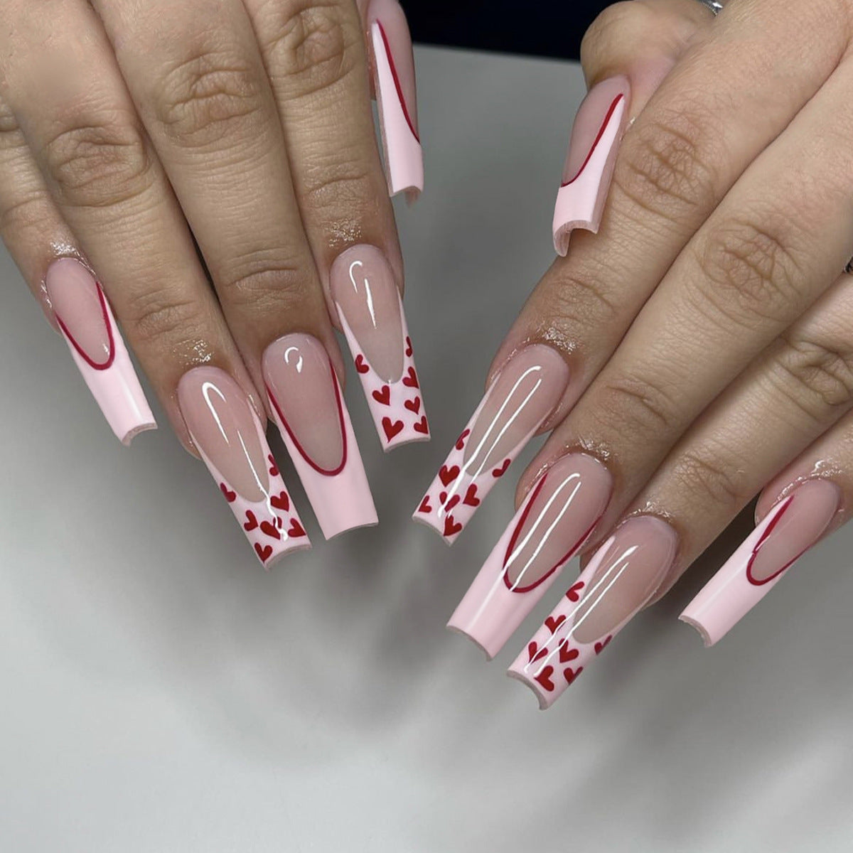 Sweet Romance Long Coffin Pink and Red Heart Accent Press On Nails