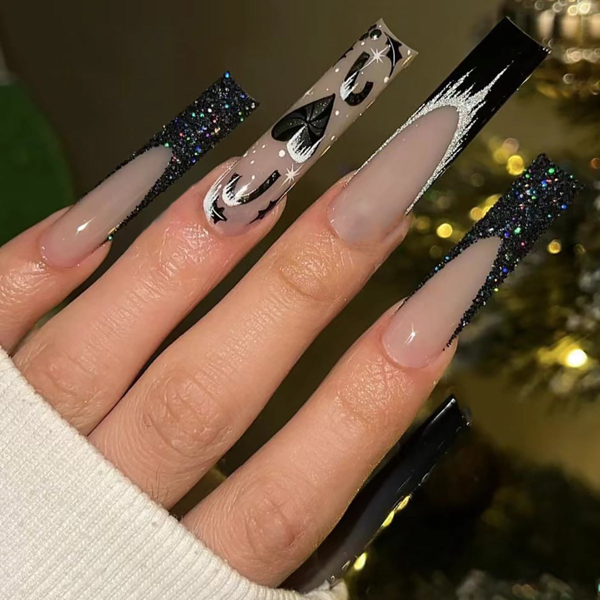 Cosmic Celebration Extra Long Square Beige and Black Press On Nail Set with Glitter and Moon Phases Design