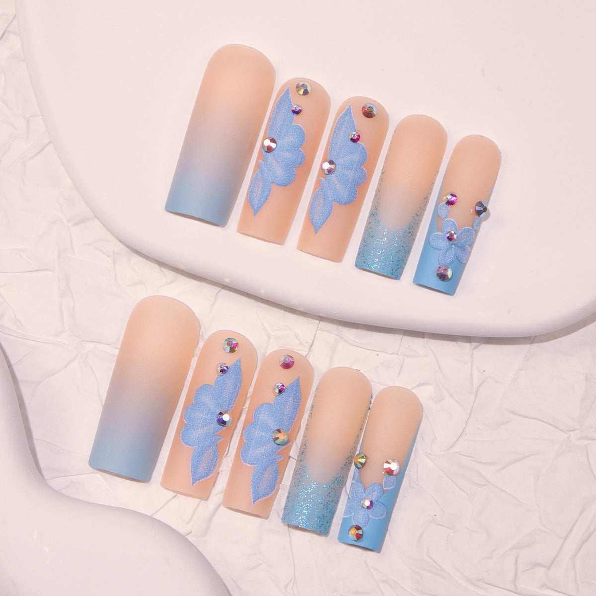 Winter Blossom Long Square Shape Beige and Blue Press On Nails with 3D Floral and Rhinestone Accents