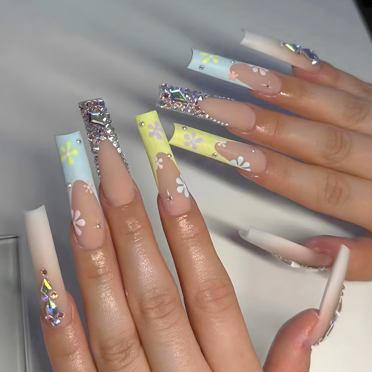 Spring Garden Long Coffin Press On Nail Set in Pastel Blue Yellow and Clear with Floral Decals and Rhinestone Accents