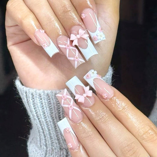 Charming Floral Fantasy Extra Long Square Pink with Delicate Bow and Flower Accents Press on Nail Set