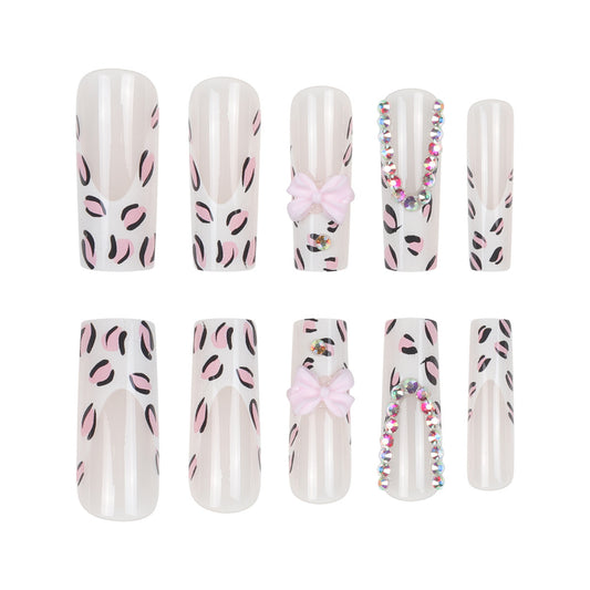 Fierce Feline Glossy Long Square Pink Leopard Print Press On Nail Set with Rhinestone and Bow Accents