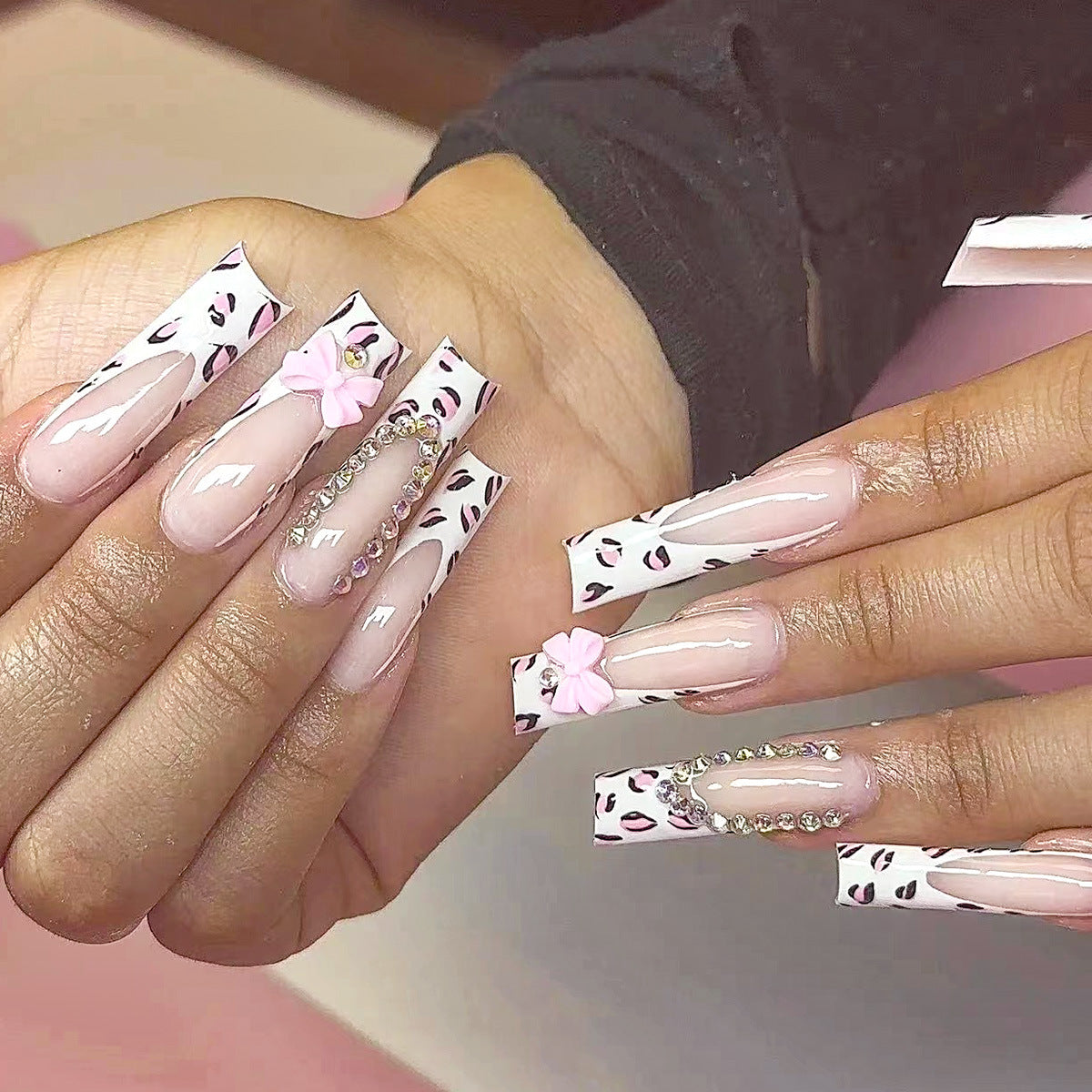 Chic Jungle Inspired Long Square Pink and White Leopard Print Press On Nail Set with Floral and Rhinestone Accents