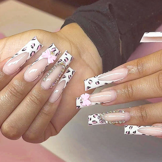 Chic Jungle Inspired Long Square Pink and White Leopard Print Press On Nail Set with Floral and Rhinestone Accents