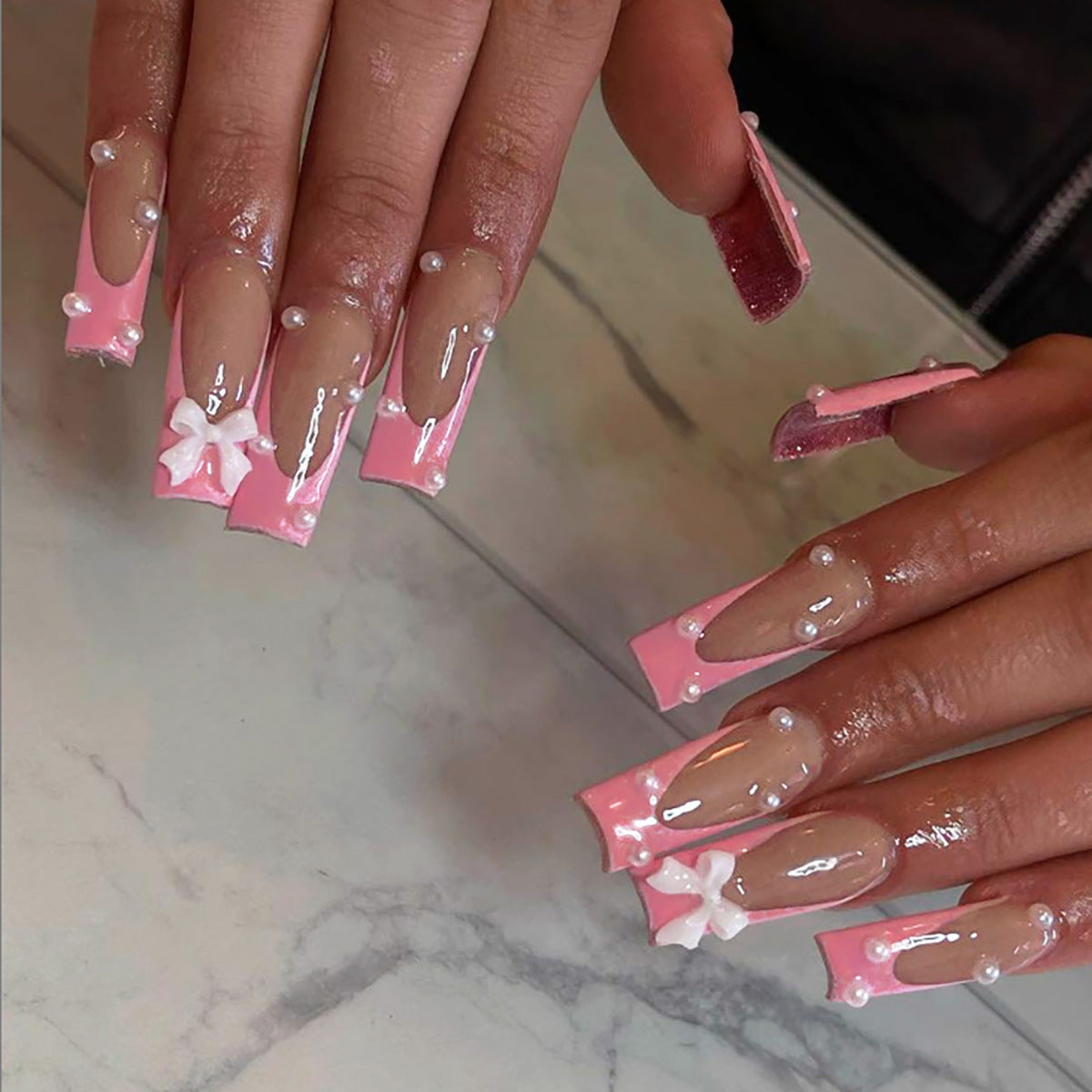 Chic Floral Fantasy Extra Long Square Shape Pink with Pearl and Bow Accents Press-On Nail Set