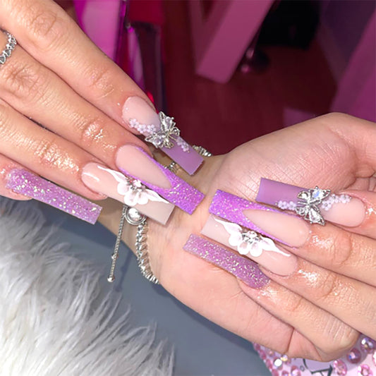 Garden of Elegance Long Square Lavender Ombre Press-On Nail Set with Floral and Gemstone Accents