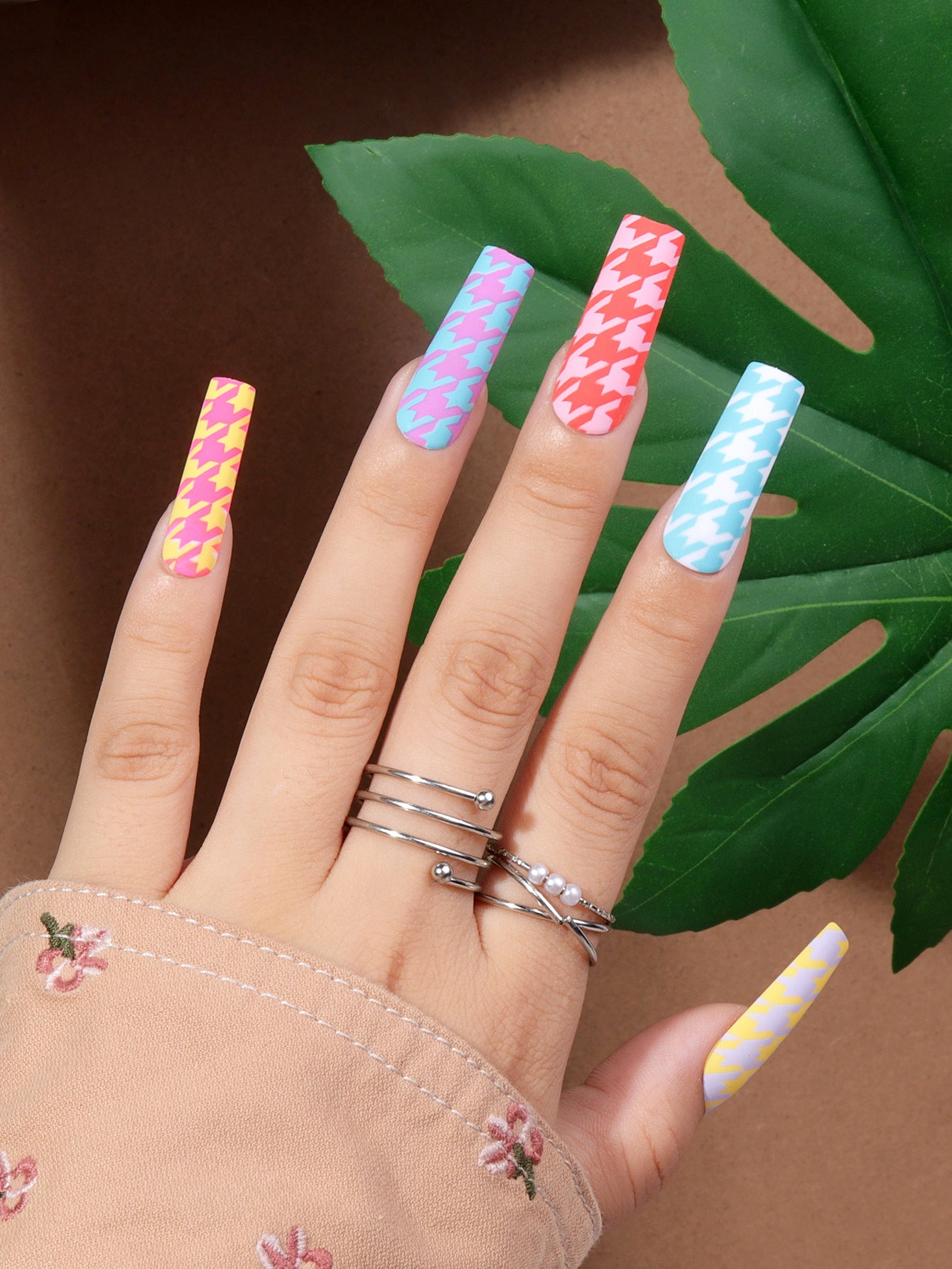 Tropical Vibes Long Square Multi-Color Press On Nail Set with Houndstooth Pattern Design