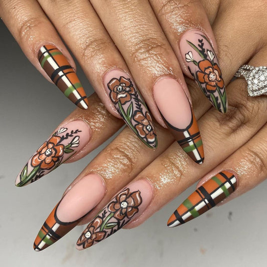 Autumn Floral Elegance Long Stiletto Press On Nails in Beige Orange and Green with Botanical Artwork Design