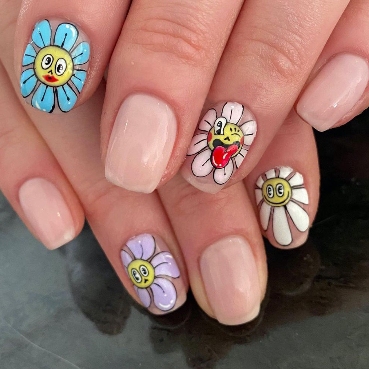 Springtime Bliss Medium-Length Square Pink Press On Nail Set with Playful Floral and Bee Artwork