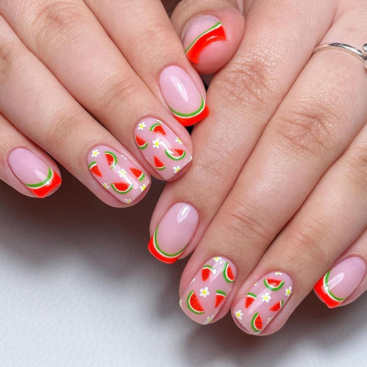 Summer Splash Medium-Length Square Pink Press On Nails with Watermelon Design and Daisy Accents