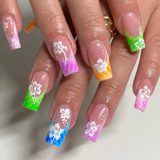 Tropical Rainbow Long Square Press-On Nail Set, Multicolor Ombre with Floral Accent Design