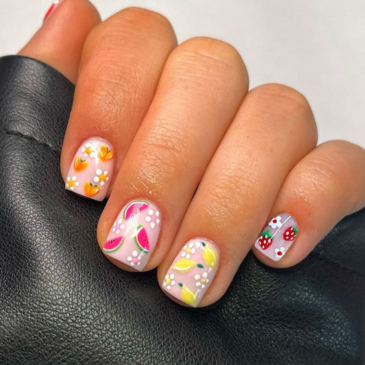 Summer Fruit Salad Short Square White Base Press On Nail Set with Fruit Accents and Floral Design