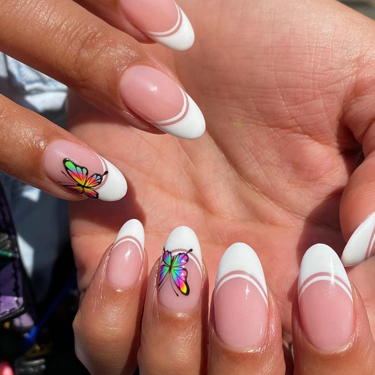 Spring Sensation Long Almond Pink and White Press On Nails with Colorful Butterfly Accents