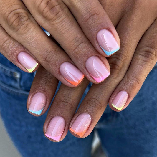 Sunset Glow Short Square Pastel Pink Press On Nail Set with Reflective Rainbow Tips