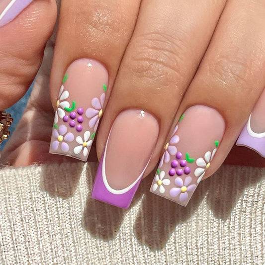 Spring Blossom Collection Long Square Shape Lavender and White Floral 3D Embellished Press On Nail Set