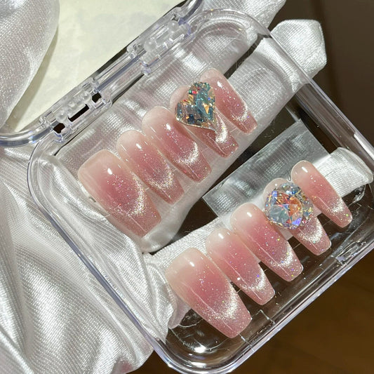 Blossoming Romance Long Coffin Pink Ombre Press On Nail Set with Heart and Gemstone Accents