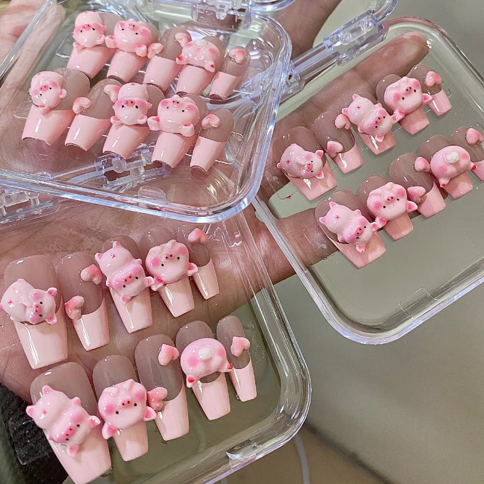 Adorable Piglet Party Long Coffin Pink Press On Nail Set with 3D Cute Animal Accents