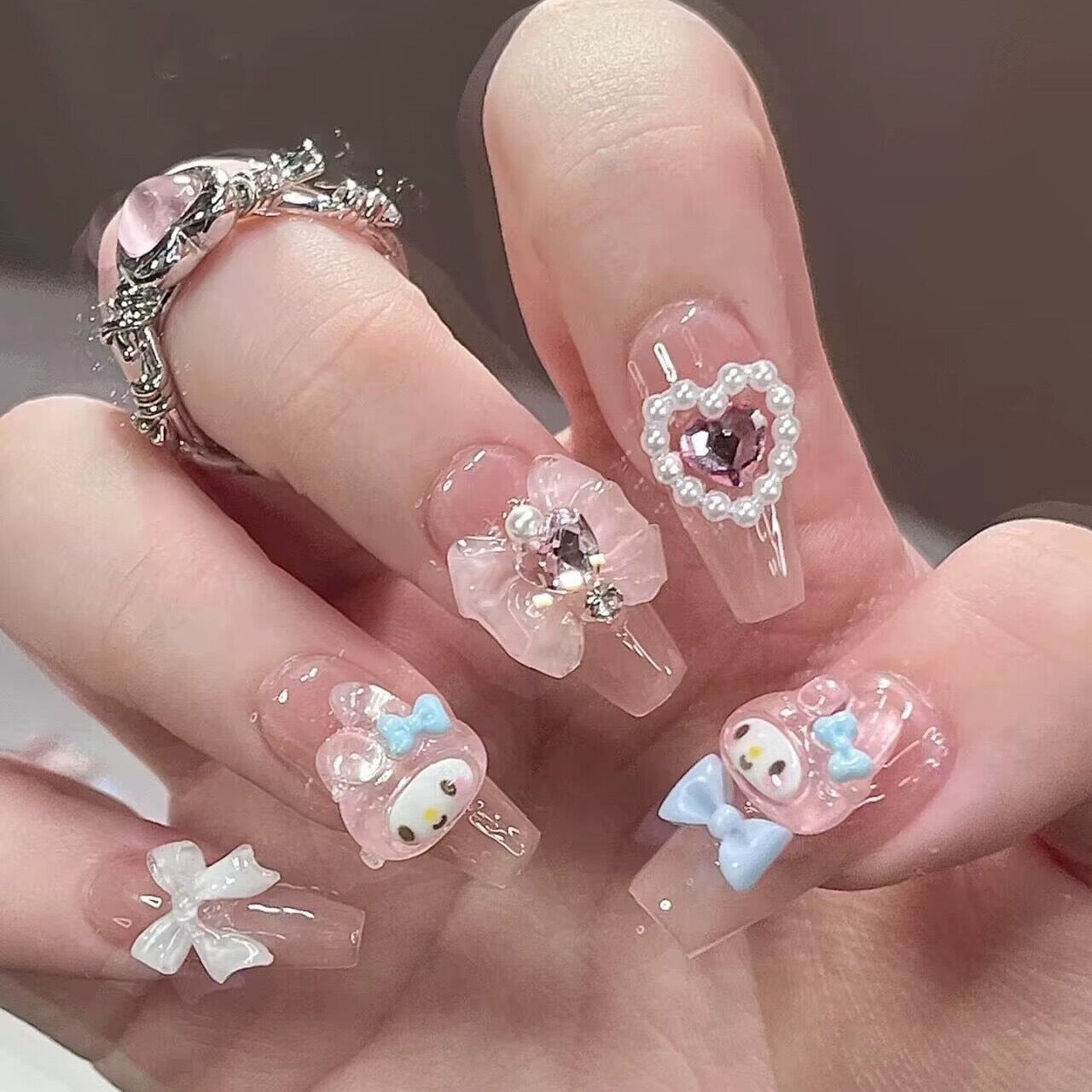 Sweet Pastel Dreams Long Coffin Pink Press On Nail Set with Adorable Bear and Heart Designs