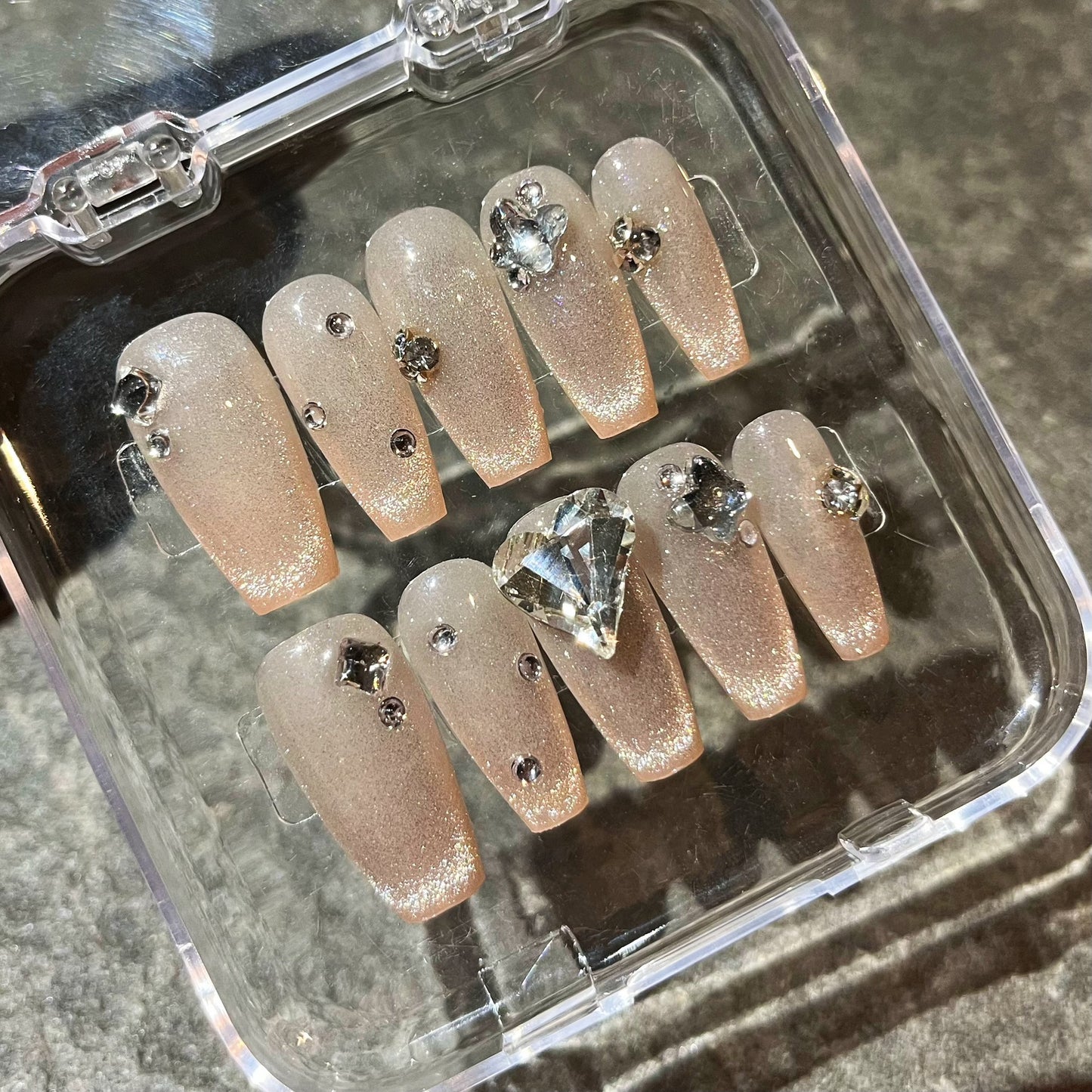 Glimmering Dream Press On Nail Set Long Coffin Shape Shimmering Beige with Rhinestone Accents