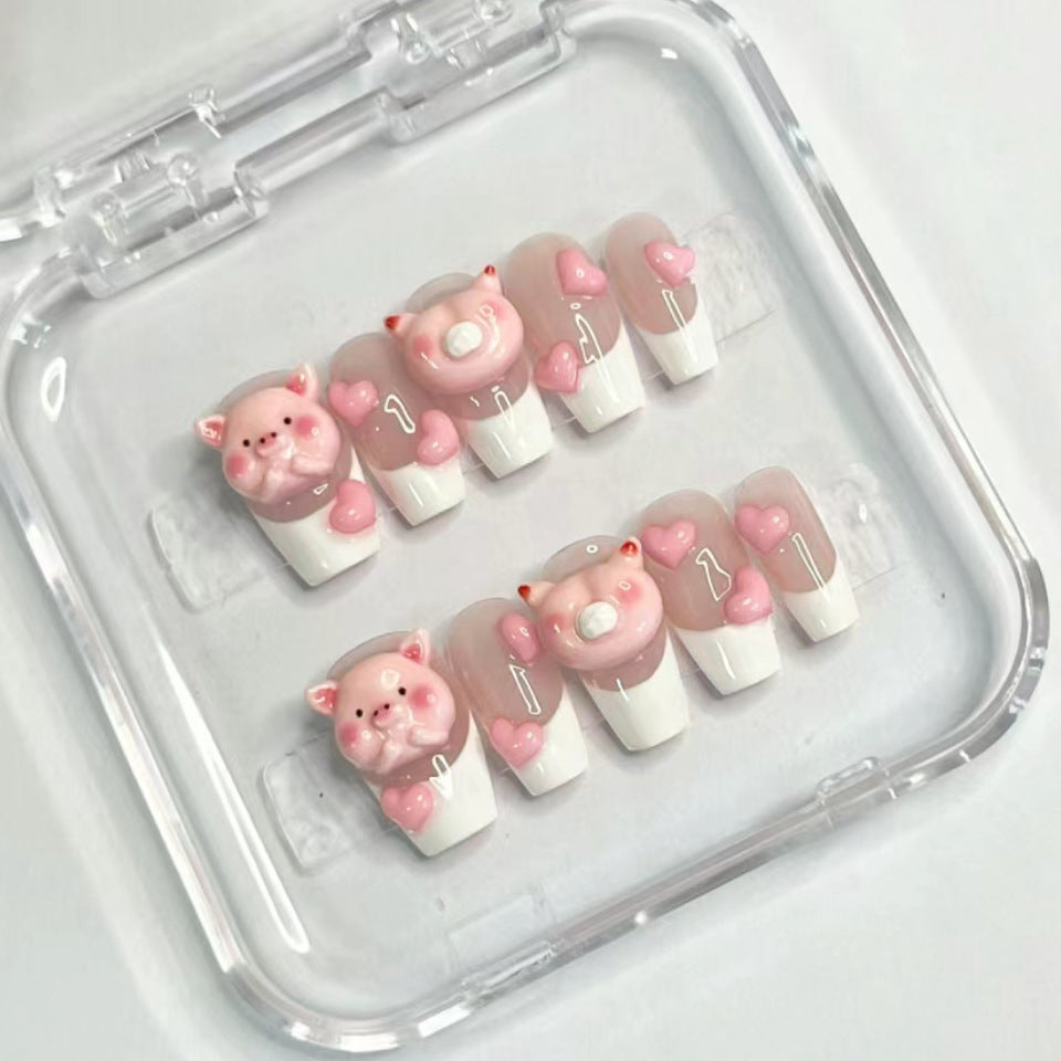 Cute Piglet Theme Long Coffin Pink Press On Nail Set with 3D Heart and Animal Design