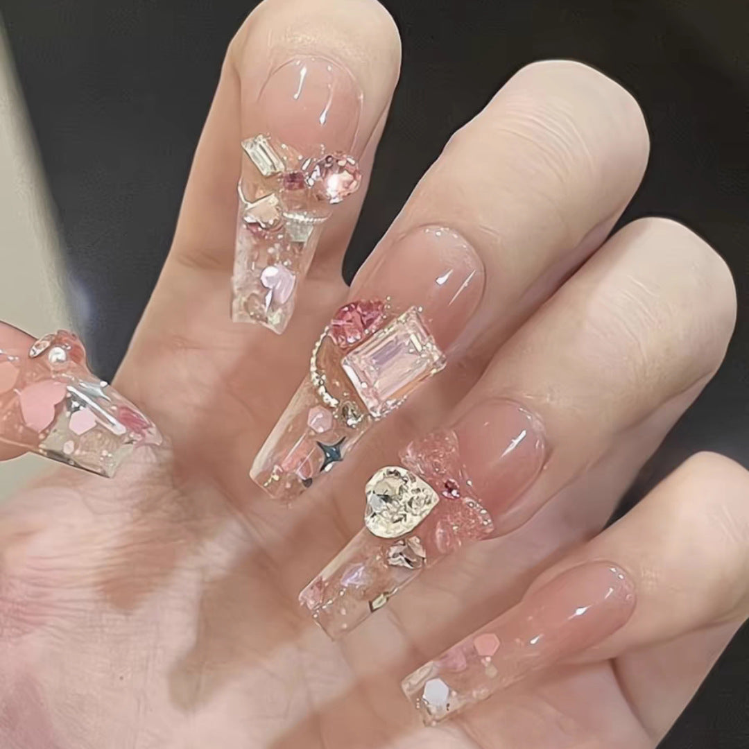 Whimsical Fairy Tale Long Coffin Clear Pink Press On Nail Set with Sparkling Gemstones and Glitter Accents