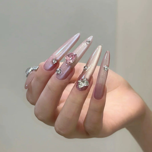 Glamorous Heartfelt Elegance 10 Long Almond Ombre Pink Press On Nail Set with Sparkling Gem Accents