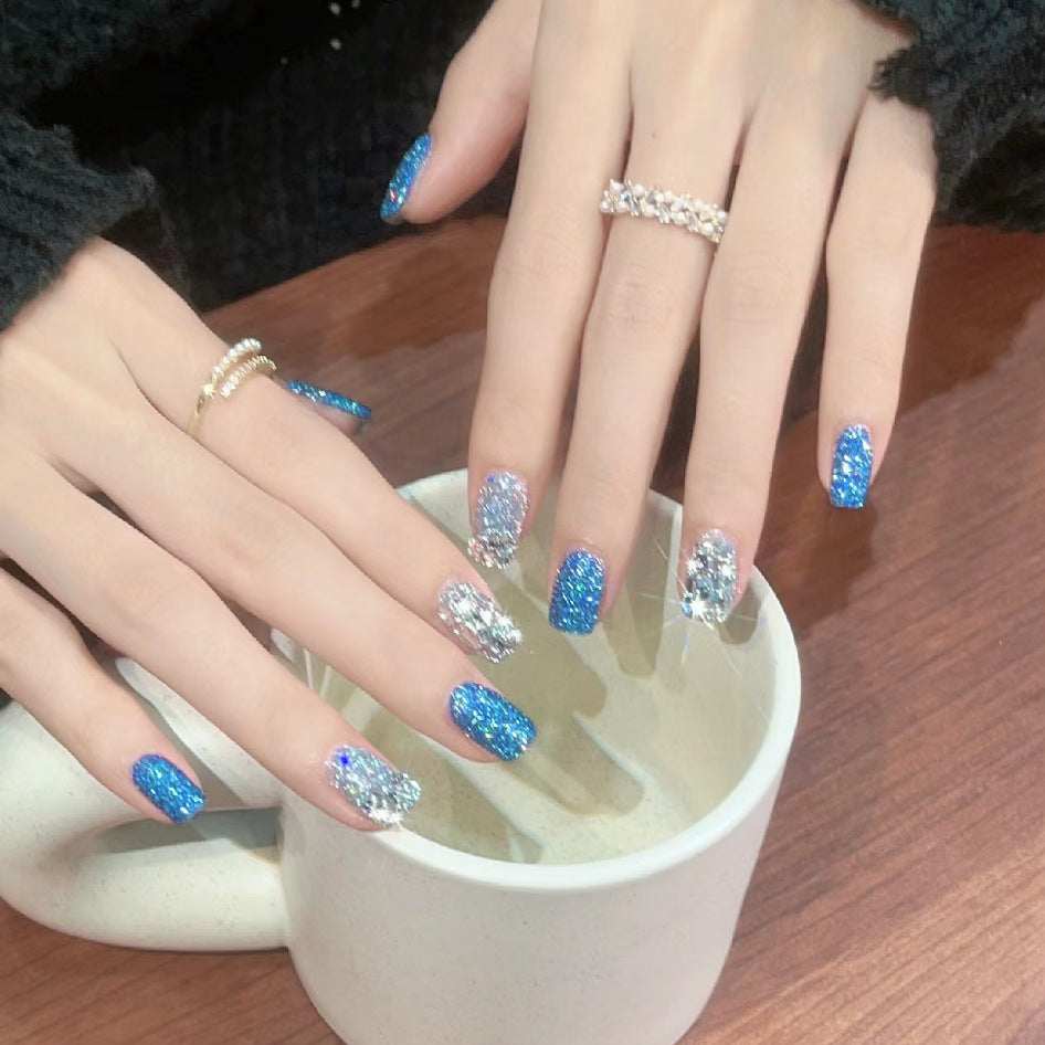 Aspen Winter Wonderland Long Square Blue Glitter Press On Nail Set with Sparkling Rhinestones